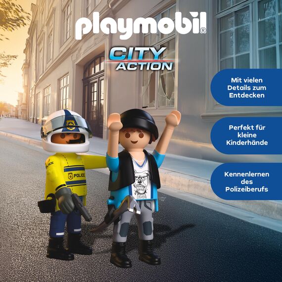 PLAYMOBIL City Action Polizei Verfolgungsjagd mit Motorrad | Polizist jagt Dieb auf Longboard | Fördert Kreativität | Kinder Spielzeug ab 4 Jahren | 72079