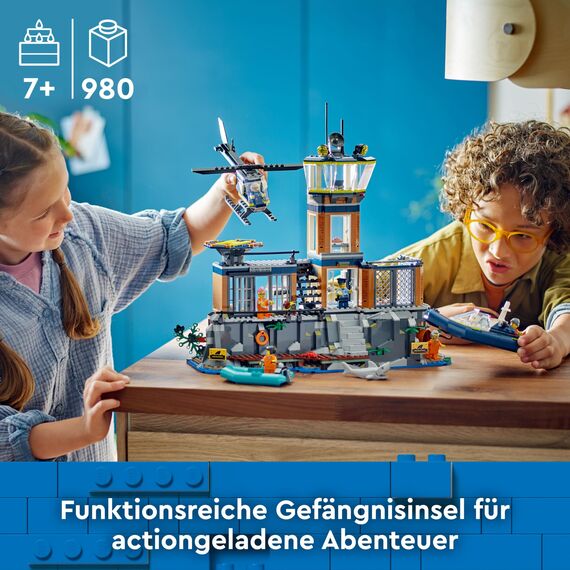 LEGO City Polizeistation auf der Gefängnisinsel, Polizei Spielzeug mit Hubschrauber, Boot und Hai, Set mit 7 Minifiguren und Hund, Geschenk zum Geburtstag für Jungen und Mädchen ab 7 Jahren 60419