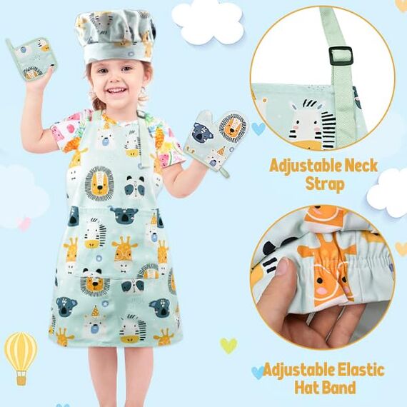 Pipoobear Kinderschürze Backset Kinder für 3-6 Jahren, 4 Backset inklusive Schürze Kinder Kochmütze Ofenhandschuhe Matte aus Baumwolle, Kinderschürzen für Malerei Kochen Backen Küche