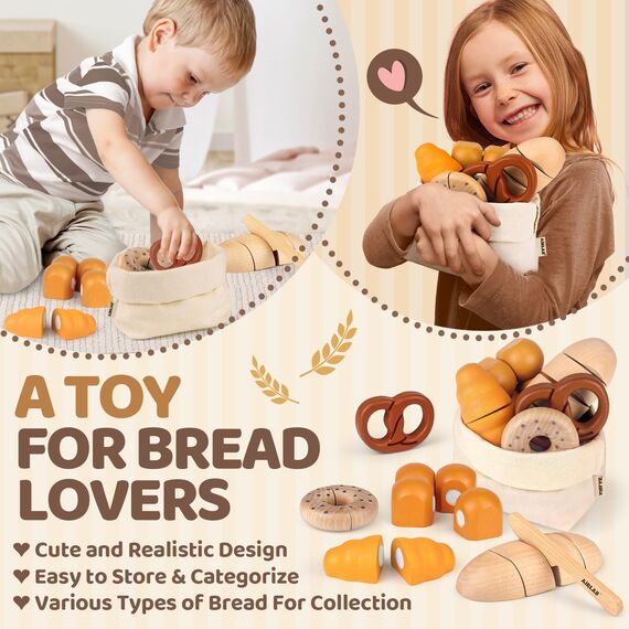 Airlab Kinderküche Spielküche Zubehör aus Holz, Küchenspielzeug Schneiden Brot Kinder, Bäckerei Spielzeug Lebensmittel Holz mit Klett-Verbindung, Holzspielzeug Küche Pädagogisches Rollenspiel Geschenk