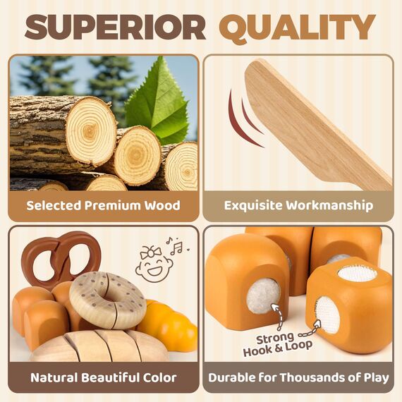Airlab Kinderküche Spielküche Zubehör aus Holz, Küchenspielzeug Schneiden Brot Kinder, Bäckerei Spielzeug Lebensmittel Holz mit Klett-Verbindung, Holzspielzeug Küche Pädagogisches Rollenspiel Geschenk