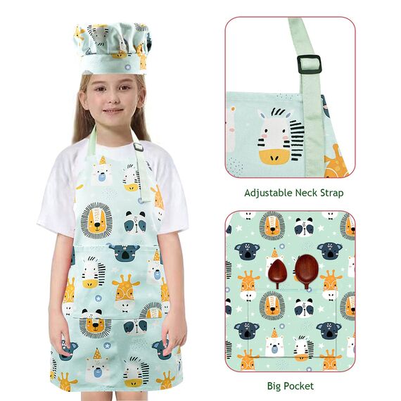 Pipoobear Kinderschürze Kochmütze für 3-6 Jahre Junge Mädche, Verstellbar Schürze Kinder mit Taschen Baumwolle Kinderschürzen für Küche Kochen Backen Malerei Grillen Garten Geschenk Party (Blau)