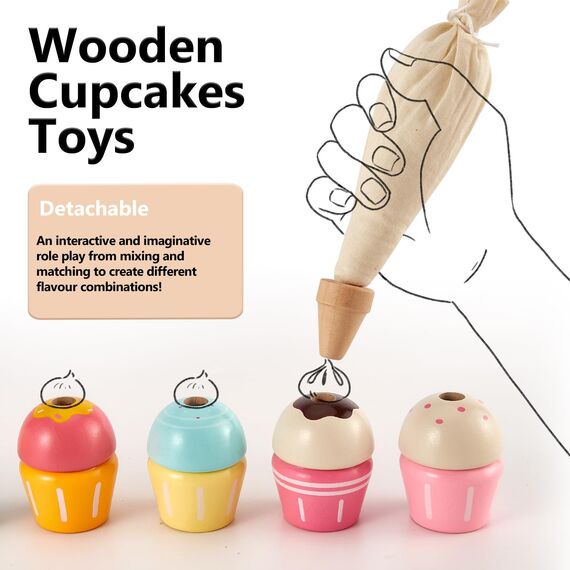 HERSITY Cupcake Spielzeug Torten, Holzspielzeug Küche Gebäck Kinderküche mit Palette, Rollenspiele Kinder Geburtstagsgeschenk für Mädchen 3 4 5 Jahren