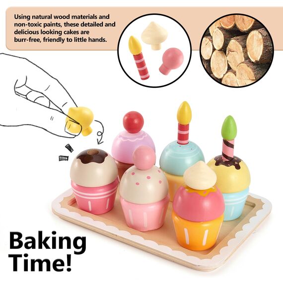 HERSITY Cupcake Spielzeug Torten, Holzspielzeug Küche Gebäck Kinderküche mit Palette, Rollenspiele Kinder Geburtstagsgeschenk für Mädchen 3 4 5 Jahren