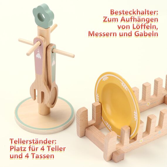 Charmofun Teeservice Kinderküche Zubehör Holz, 30 PCS Teeservice Kinder Holz, Spielküche Kinder küche zubehör mit Kleine Kuchen und Gebäck, Teeparty Set für Jungen und Mädchen ab 3 Jahre