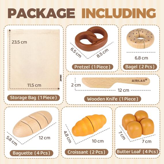 Airlab Kinderküche Spielküche Zubehör aus Holz, Küchenspielzeug Schneiden Brot Kinder, Bäckerei Spielzeug Lebensmittel Holz mit Klett-Verbindung, Holzspielzeug Küche Pädagogisches Rollenspiel Geschenk