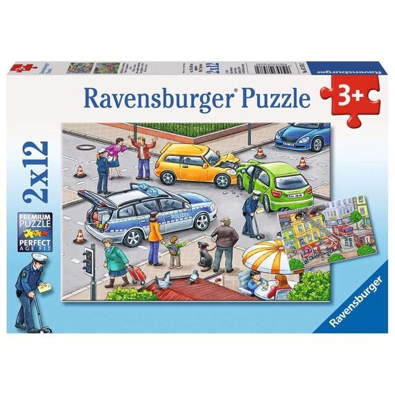 Ravensburger Kinderpuzzle - 07578 Mit Blaulicht unterwegs - Puzzle für Kinder ab 3 Jahre, mit 2x12 Teilen