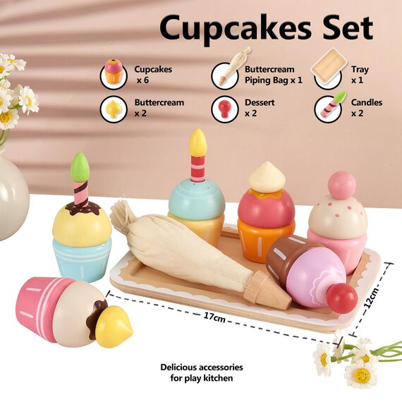 HERSITY Cupcake Spielzeug Torten, Holzspielzeug Küche Gebäck Kinderküche mit Palette, Rollenspiele Kinder Geburtstagsgeschenk für Mädchen 3 4 5 Jahren