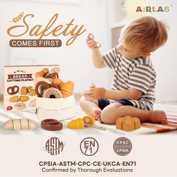 Airlab Kinderküche Spielküche Zubehör aus Holz, Küchenspielzeug Schneiden Brot Kinder, Bäckerei Spielzeug Lebensmittel Holz mit Klett-Verbindung, Holzspielzeug Küche Pädagogisches Rollenspiel Geschenk