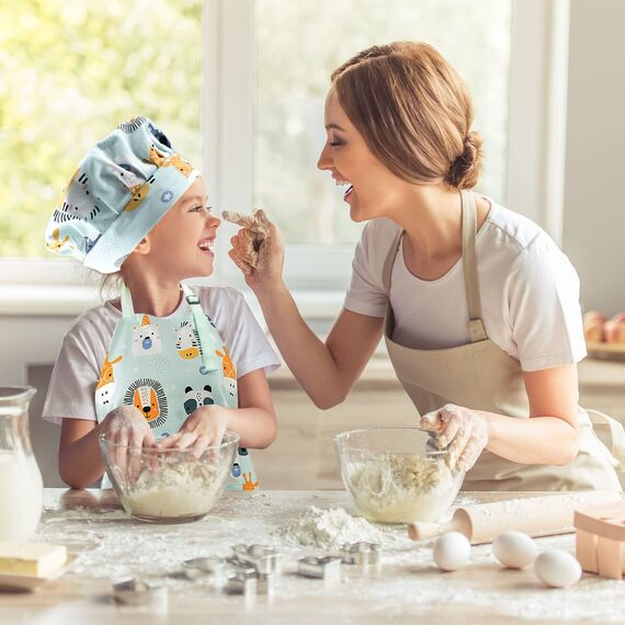 Pipoobear Kinderschürze Backset Kinder für 3-6 Jahren, 4 Backset inklusive Schürze Kinder Kochmütze Ofenhandschuhe Matte aus Baumwolle, Kinderschürzen für Malerei Kochen Backen Küche