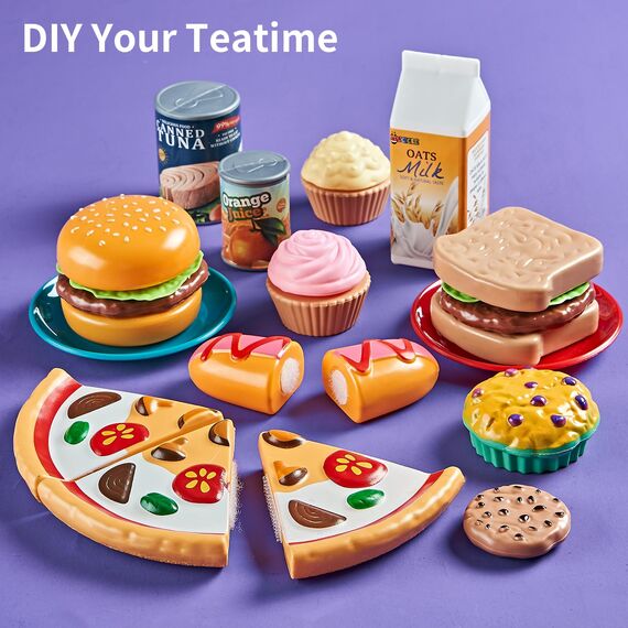Laugigle Pretend Play Food für Kinder Küche, 78-teiliges Spielfutter-Set für Kinderküche mit Lagerung Tasche, gefälschte Lebensmittel mit Pizza Spielzeug, kinderküche zubehör, Jungen Mädchen Geschenk