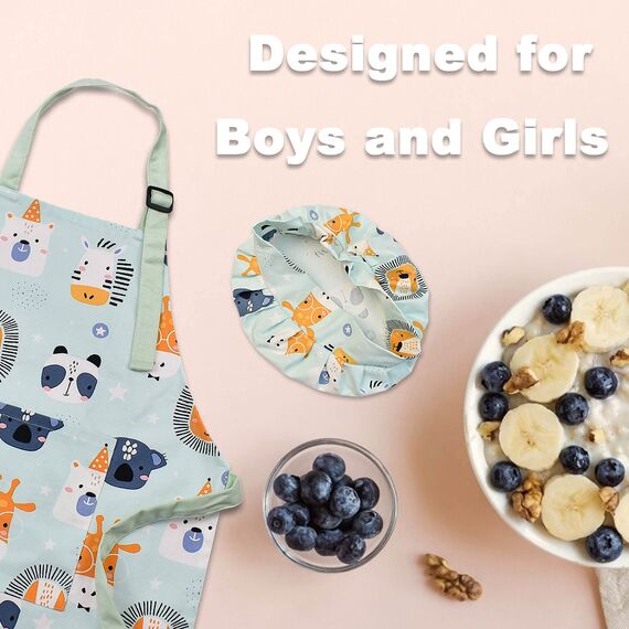 Pipoobear Kinderschürze Kochmütze für 3-6 Jahre Junge Mädche, Verstellbar Schürze Kinder mit Taschen Baumwolle Kinderschürzen für Küche Kochen Backen Malerei Grillen Garten Geschenk Party (Blau)