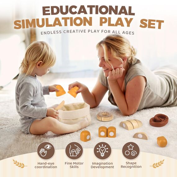Airlab Kinderküche Spielküche Zubehör aus Holz, Küchenspielzeug Schneiden Brot Kinder, Bäckerei Spielzeug Lebensmittel Holz mit Klett-Verbindung, Holzspielzeug Küche Pädagogisches Rollenspiel Geschenk