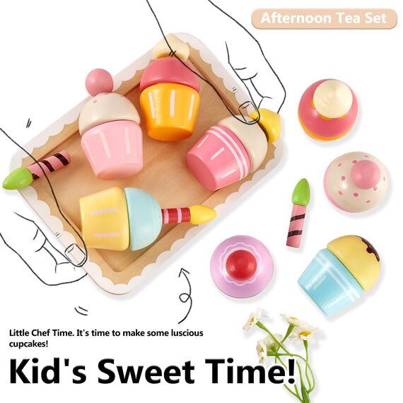 HERSITY Cupcake Spielzeug Torten, Holzspielzeug Küche Gebäck Kinderküche mit Palette, Rollenspiele Kinder Geburtstagsgeschenk für Mädchen 3 4 5 Jahren