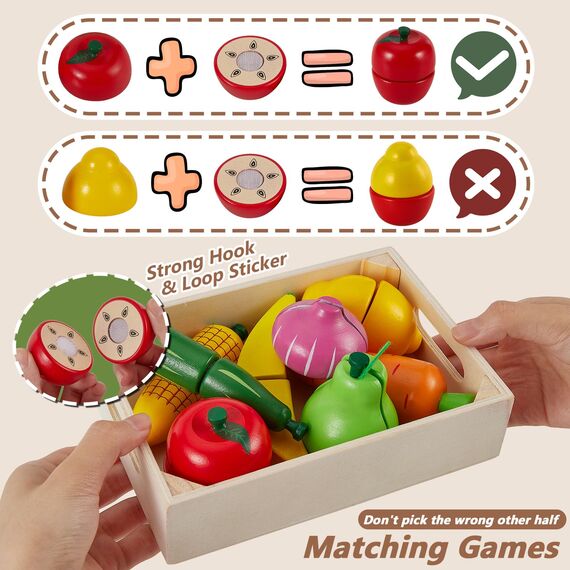 HERSITY Obst Gemüse Schneiden Kinder Holz Lebensmittel Spielzeug, Holzspielzeug Küche mit Aufbewahrungskoffer, Lernspielzeug Rollenspiele Geschenk für Kinder ab 3 4 5 Jahren