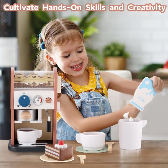 GAGAKU Kaffeemaschine Kinder Holz mit Sound 15 Teile Kinderküche Spielzeug mit Geräusch Kinderkaffee Kinder Küche Spielküchen Zubehör Kaffeemühle Geschenke für Jungen und Mädchen ab 3 Jahre