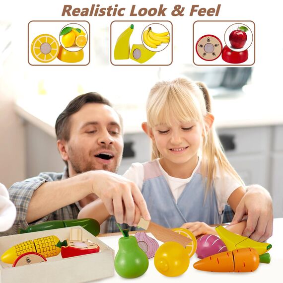 HERSITY Obst Gemüse Schneiden Kinder Holz Lebensmittel Spielzeug, Holzspielzeug Küche mit Aufbewahrungskoffer, Lernspielzeug Rollenspiele Geschenk für Kinder ab 3 4 5 Jahren
