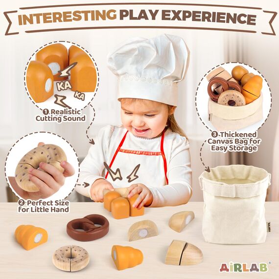 Airlab Kinderküche Spielküche Zubehör aus Holz, Küchenspielzeug Schneiden Brot Kinder, Bäckerei Spielzeug Lebensmittel Holz mit Klett-Verbindung, Holzspielzeug Küche Pädagogisches Rollenspiel Geschenk