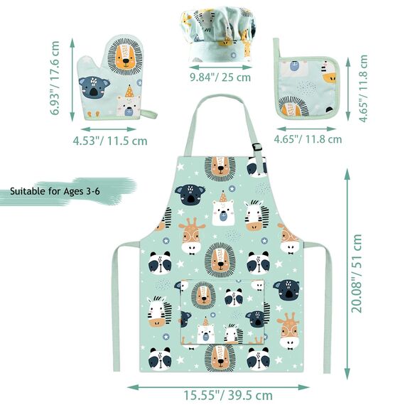 Pipoobear Kinderschürze Backset Kinder für 3-6 Jahren, 4 Backset inklusive Schürze Kinder Kochmütze Ofenhandschuhe Matte aus Baumwolle, Kinderschürzen für Malerei Kochen Backen Küche