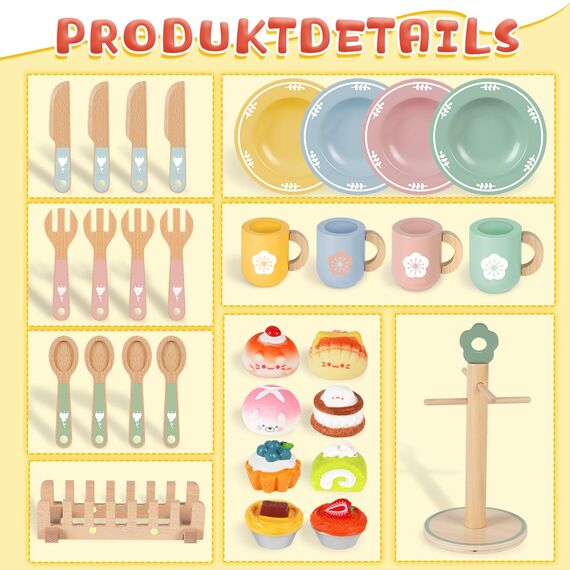 Charmofun Teeservice Kinderküche Zubehör Holz, 30 PCS Teeservice Kinder Holz, Spielküche Kinder küche zubehör mit Kleine Kuchen und Gebäck, Teeparty Set für Jungen und Mädchen ab 3 Jahre