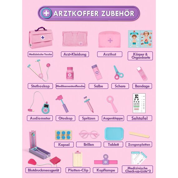 Lehoo Castle Arztkoffer Kinder, Geschenk Mädchen 3 Jahre, Arztkoffer Kinder ab 3 Jahre mit Arztkittel, Doktorkoffer, Spielzeug Mädchen ab 3 4 5 Jahre(Rosa)