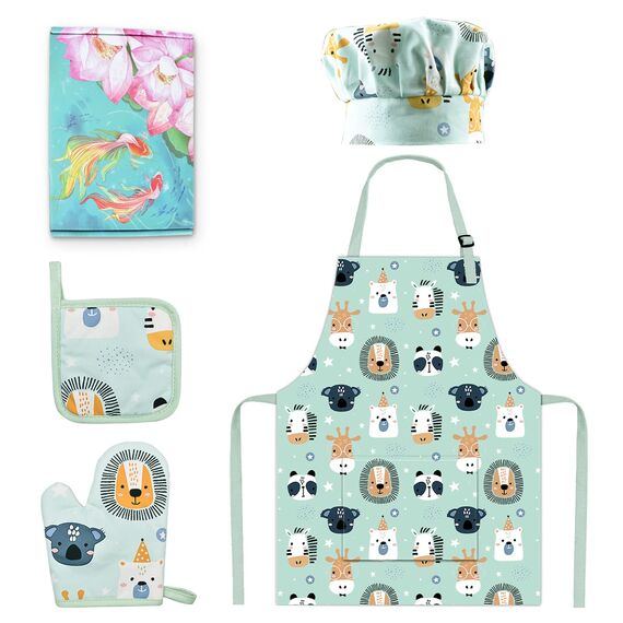 Pipoobear Kinderschürze Backset Kinder für 3-6 Jahren, 4 Backset inklusive Schürze Kinder Kochmütze Ofenhandschuhe Matte aus Baumwolle, Kinderschürzen für Malerei Kochen Backen Küche