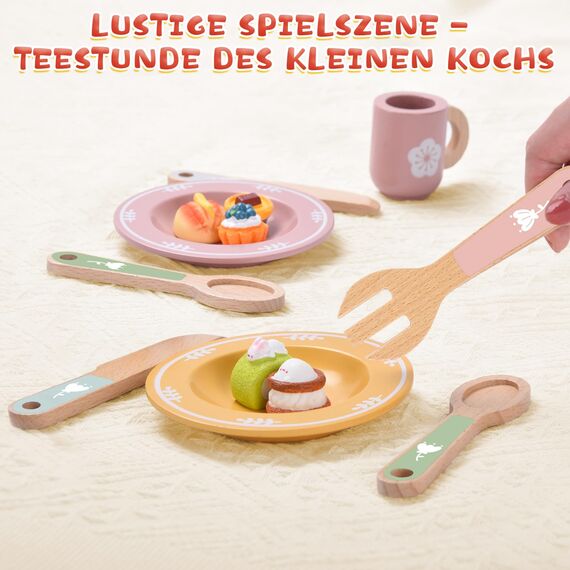 Charmofun Teeservice Kinderküche Zubehör Holz, 30 PCS Teeservice Kinder Holz, Spielküche Kinder küche zubehör mit Kleine Kuchen und Gebäck, Teeparty Set für Jungen und Mädchen ab 3 Jahre