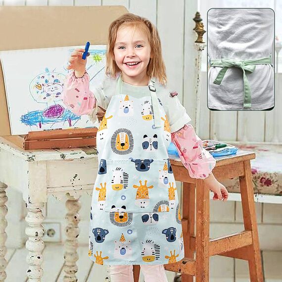 Pipoobear Schürze Kinder mit Taschen für 3-6 Jahre Junge Mädche, Verstellbar Kinderschürze Baumwolle Kinderschürzen für Küche Kochen Backen Malerei Grillen Garten Party Geschenk (Blau)