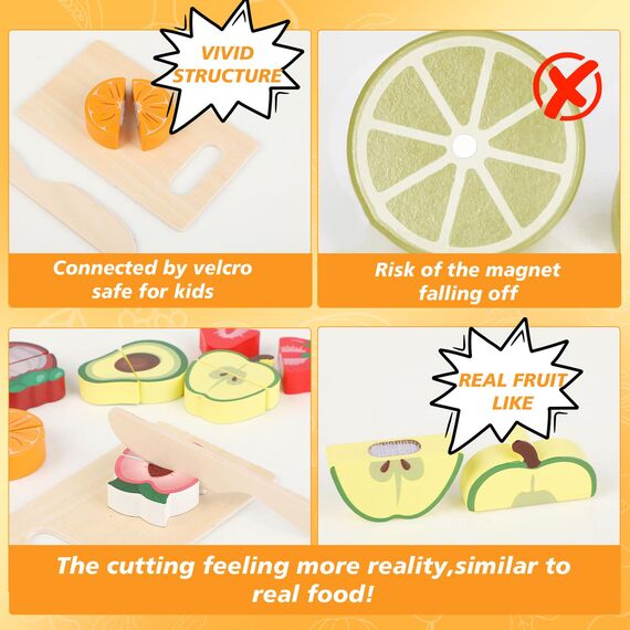 Kinderküche Zubehör Holz, Spielküche Zubehör für Kinder, Holzspielzeug Küche mit Schneidbarem Obst, Zubehör Spielküche, Spielzeug Küchenzubehör für Mädchen und Jungen ab 2 3 Jahren