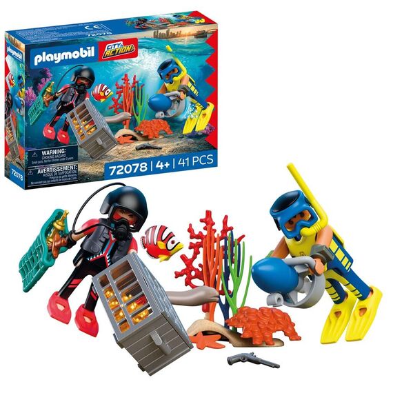 PLAYMOBIL City Action Polizeitaucher mit Schatz | 2 Figuren + Unterwasser-Scooter & Meerestiere | Fördert Kreativität | Kinder Spielzeug ab 4 Jahren | 72078