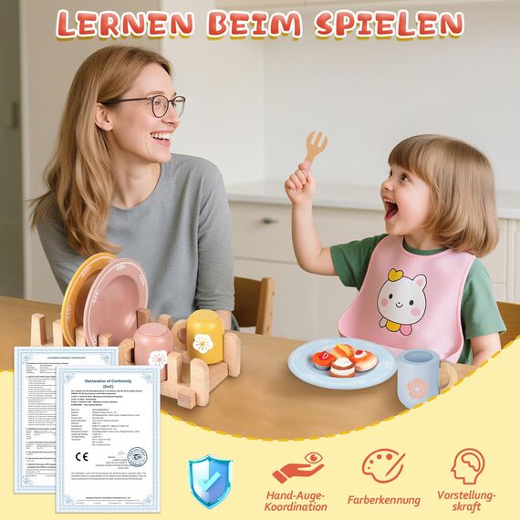 Charmofun Teeservice Kinderküche Zubehör Holz, 30 PCS Teeservice Kinder Holz, Spielküche Kinder küche zubehör mit Kleine Kuchen und Gebäck, Teeparty Set für Jungen und Mädchen ab 3 Jahre