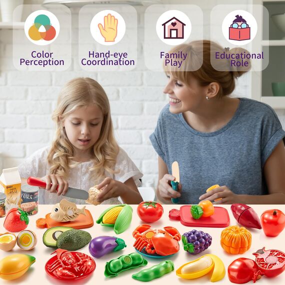 Laugigle Pretend Play Food für Kinder Küche, 78-teiliges Spielfutter-Set für Kinderküche mit Lagerung Tasche, gefälschte Lebensmittel mit Pizza Spielzeug, kinderküche zubehör, Jungen Mädchen Geschenk