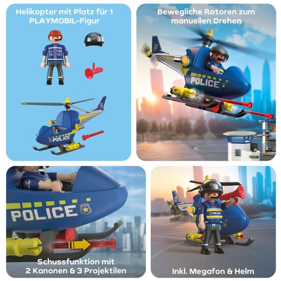 PLAYMOBIL City Action Polizeihelikopter | Mit Polizist, drehbaren Rotoren & Schussfunktion | Unendlicher Spielspaß | Kinder Spielzeug ab 4 Jahren | 72080