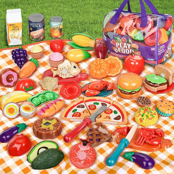 Laugigle Pretend Play Food für Kinder Küche, 78-teiliges Spielfutter-Set für Kinderküche mit Lagerung Tasche, gefälschte Lebensmittel mit Pizza Spielzeug, kinderküche zubehör, Jungen Mädchen Geschenk