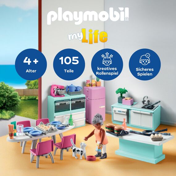 PLAYMOBIL MyLife 71608 Küche mit Essplatz, vollausgestattete Küche für detailgetreues Nachspielen, zu über 80 % aus recycelten und biobasierten Materialien, kreatives Spielzeug für Kinder ab 4 Jahren