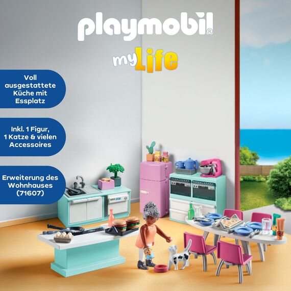 PLAYMOBIL MyLife 71608 Küche mit Essplatz, vollausgestattete Küche für detailgetreues Nachspielen, zu über 80 % aus recycelten und biobasierten Materialien, kreatives Spielzeug für Kinder ab 4 Jahren