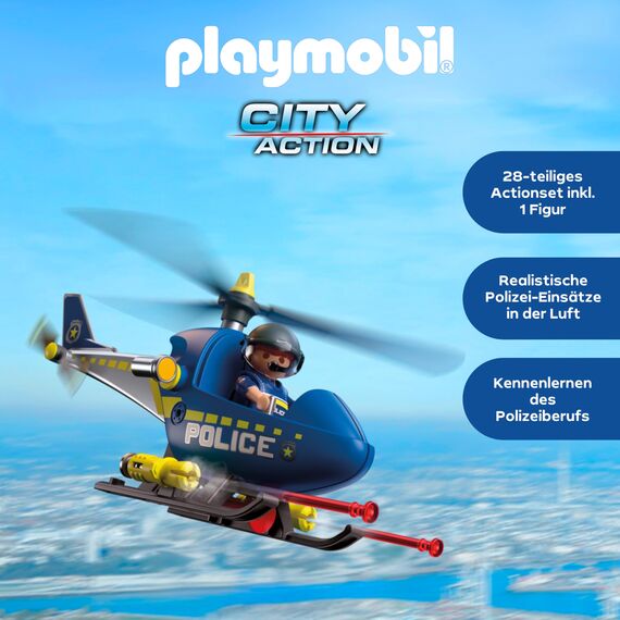 PLAYMOBIL City Action Polizeihelikopter | Mit Polizist, drehbaren Rotoren & Schussfunktion | Unendlicher Spielspaß | Kinder Spielzeug ab 4 Jahren | 72080