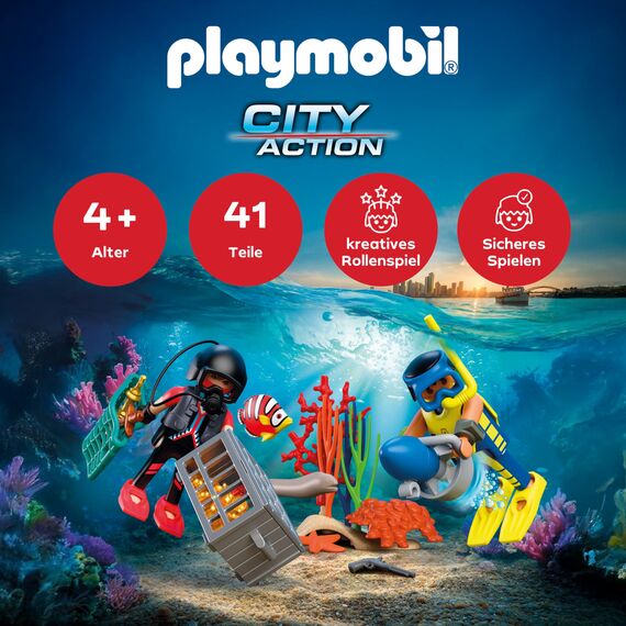 PLAYMOBIL City Action Polizeitaucher mit Schatz | 2 Figuren + Unterwasser-Scooter & Meerestiere | Fördert Kreativität | Kinder Spielzeug ab 4 Jahren | 72078