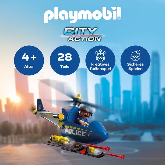 PLAYMOBIL City Action Polizeihelikopter | Mit Polizist, drehbaren Rotoren & Schussfunktion | Unendlicher Spielspaß | Kinder Spielzeug ab 4 Jahren | 72080