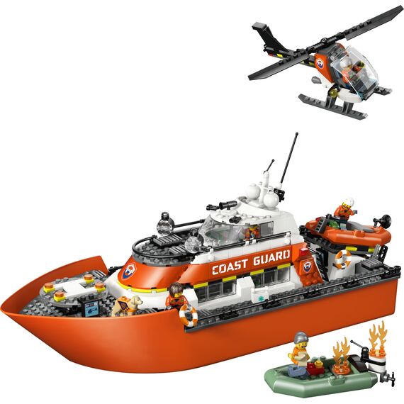 LEGO City Rettungsboot der Küstenwache mit Hubschrauber - Spielzeug Einsatzfahrzeug - Set mit schwimmendem Schiff, 5 Minifiguren und Hundefigur - Geburtstagsgeschenk für Jungen ab 7 Jahren - 60504