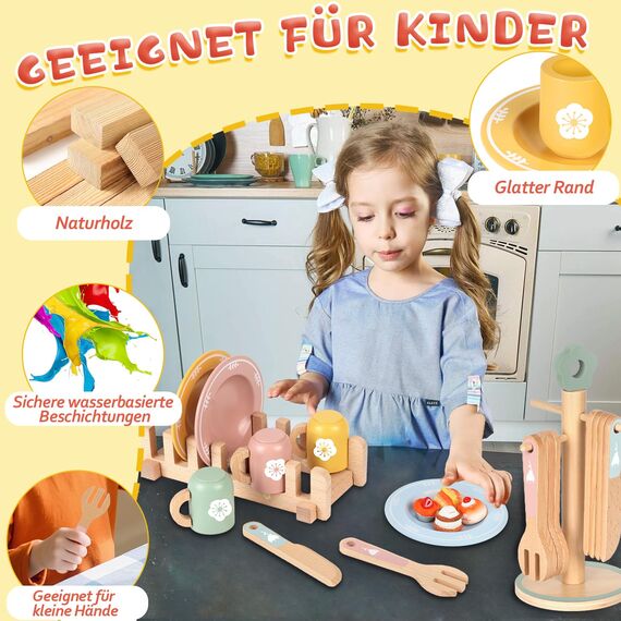 Charmofun Teeservice Kinderküche Zubehör Holz, 30 PCS Teeservice Kinder Holz, Spielküche Kinder küche zubehör mit Kleine Kuchen und Gebäck, Teeparty Set für Jungen und Mädchen ab 3 Jahre