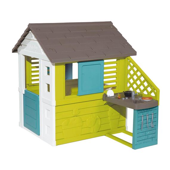 Smoby – Pretty Haus - Spielhaus für Kinder für drinnen und draußen, mit Küche und Küchenspielzeug (17 teilig), Gartenhaus für Jungen und Mädchen ab 2 Jahren