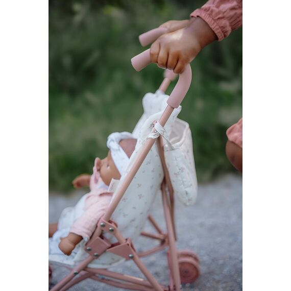Little Dutch Puppenbuggy Puppenwagen klappbar aus Metall mit Soft-Griffen und Tasche - für Puppen von 33-46 cm, White Meadows/rosa