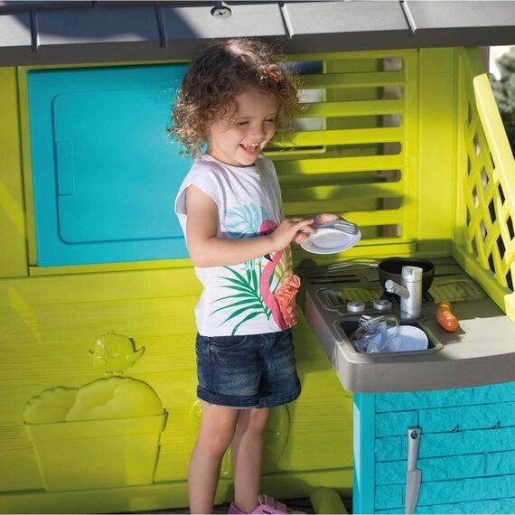 Smoby – Pretty Haus - Spielhaus für Kinder für drinnen und draußen, mit Küche und Küchenspielzeug (17 teilig), Gartenhaus für Jungen und Mädchen ab 2 Jahren