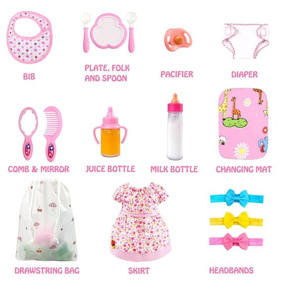 BNUZEIYI Babyzubehör – Fütterungs- und Pflegeset mit Flaschen, Windel, Wickelunterlage, Kleidung für 35,6–40,6 cm Puppen, 45,7 cm Rollenspielset für Mädchen, Geschenk