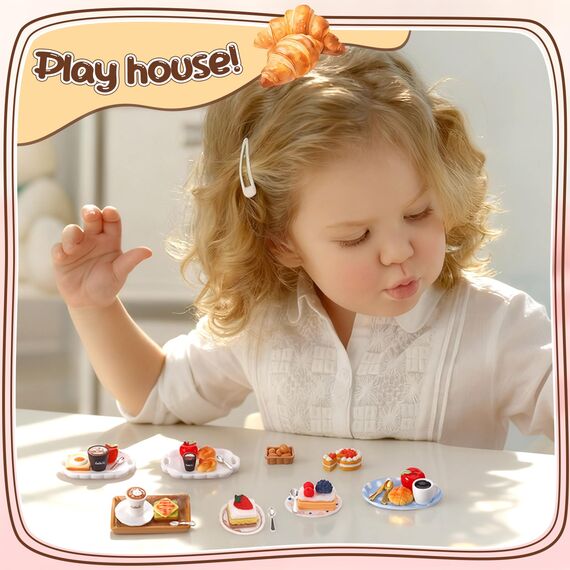 Kaisibum 62 Stücke Miniatur Essen und Trinken, Miniatur Deco Harz Lebensmittel Puppenhaus Zubehör Set, Mini Küche Kleine Puppenzubehör Spielgeschirr