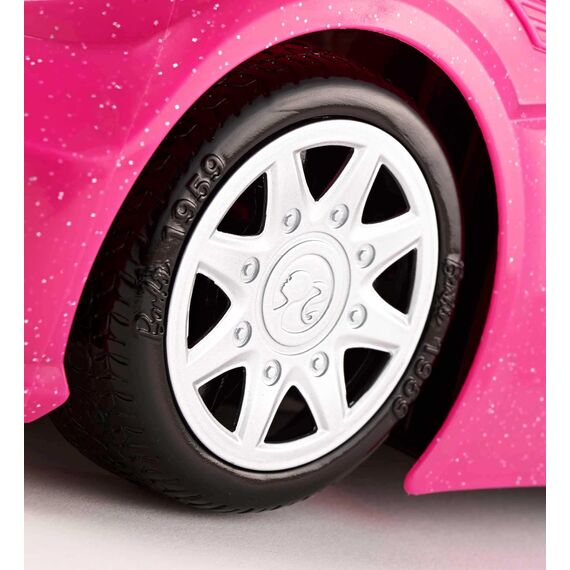 Barbie Puppe und Cabrio in rosa mit Glitzer, realistische Reifen Logo, Spielzeug ab 3 Jahren, DJR55