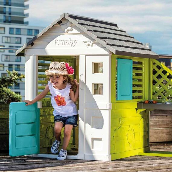 Smoby – Pretty Haus - Spielhaus für Kinder für drinnen und draußen, mit Küche und Küchenspielzeug (17 teilig), Gartenhaus für Jungen und Mädchen ab 2 Jahren