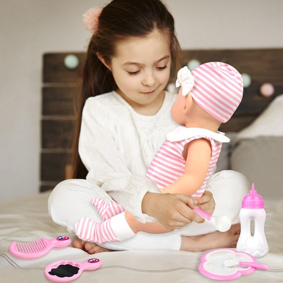 BNUZEIYI Baby Puppe Zubehör -BabyPuppe Fütterung und Pflege Set mit Flasche Hut Socken für Mädchen Spielzeug Geschenk, Puppenzubehör Puppenkleidung passen 14-16 Zoll 18 Zoll und 43 cm Puppe