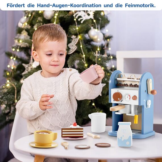 GAGAKU Kaffeemaschine Kinder Holz mit Sound 15 Teile Kinderküche Spielzeug mit Geräusch Kinderkaffee Kinder Küche Spielküchen Zubehör Kaffeemühle Geschenke für Jungen und Mädchen ab 3 Jahre (Blau)